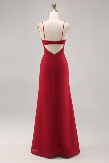 Dark Red Spaghetti Straps Ruched Chiffon Long Bridesmaid Dress with Slit